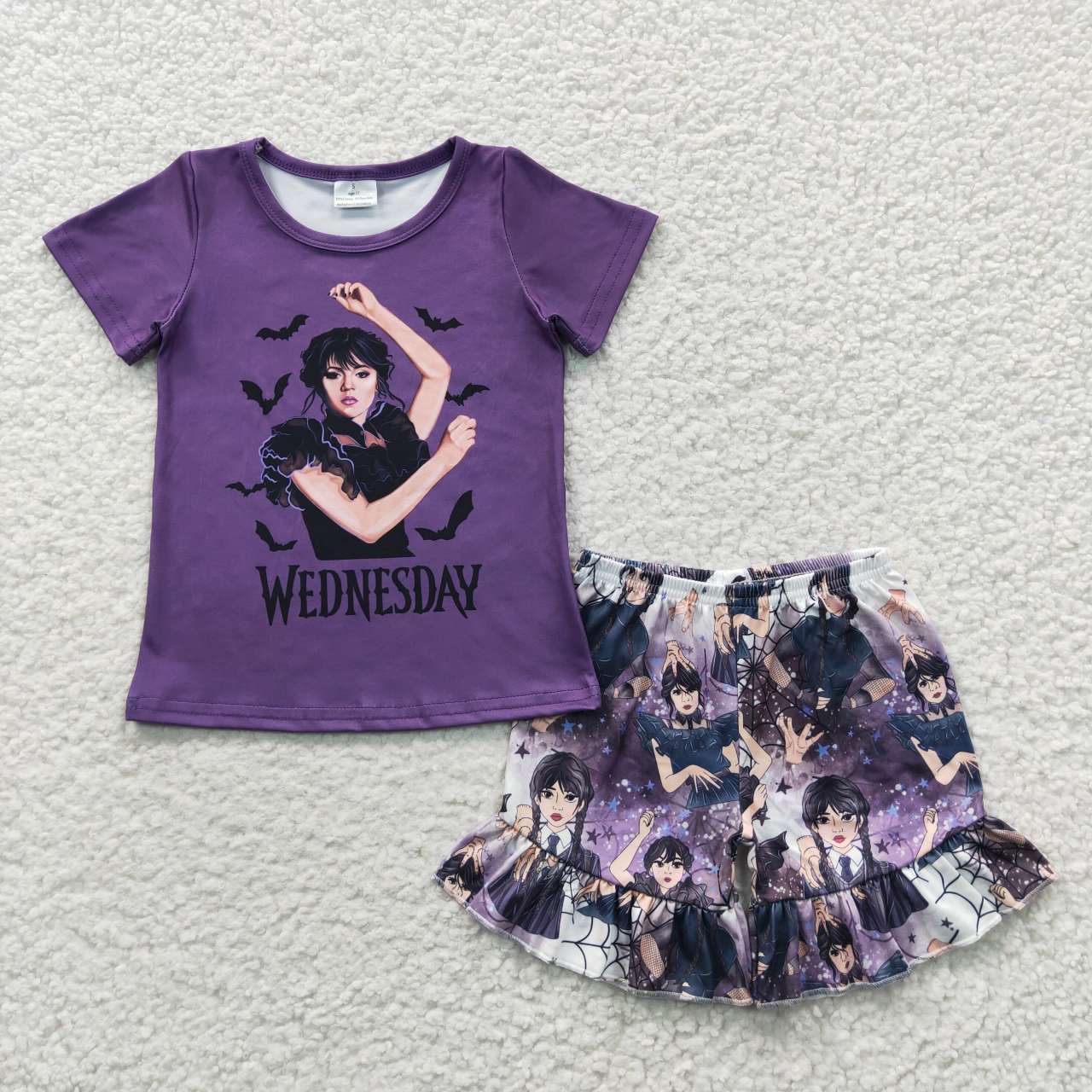 GSSO0271 Wednesday Purple  Rainbow Cartoon Girls Short Sleeve Shorts Outfits