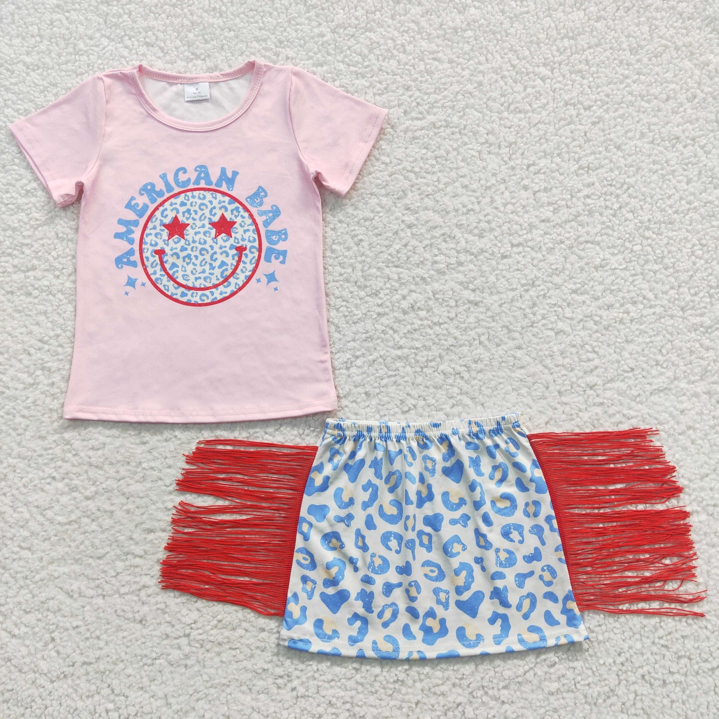 GSD0339 4th Of July Red Blue Pink Leopard Babe Smile Tassel Girls Short Sleeve With Skirt Dresses Outfits