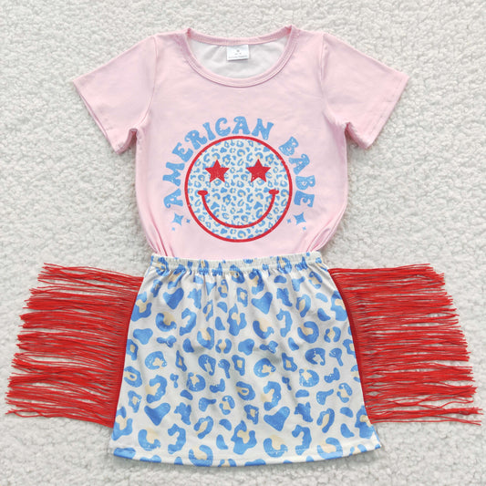 GSD0339 4th Of July Red Blue Pink Leopard Babe Smile Tassel Girls Short Sleeve With Skirt Dresses Outfits