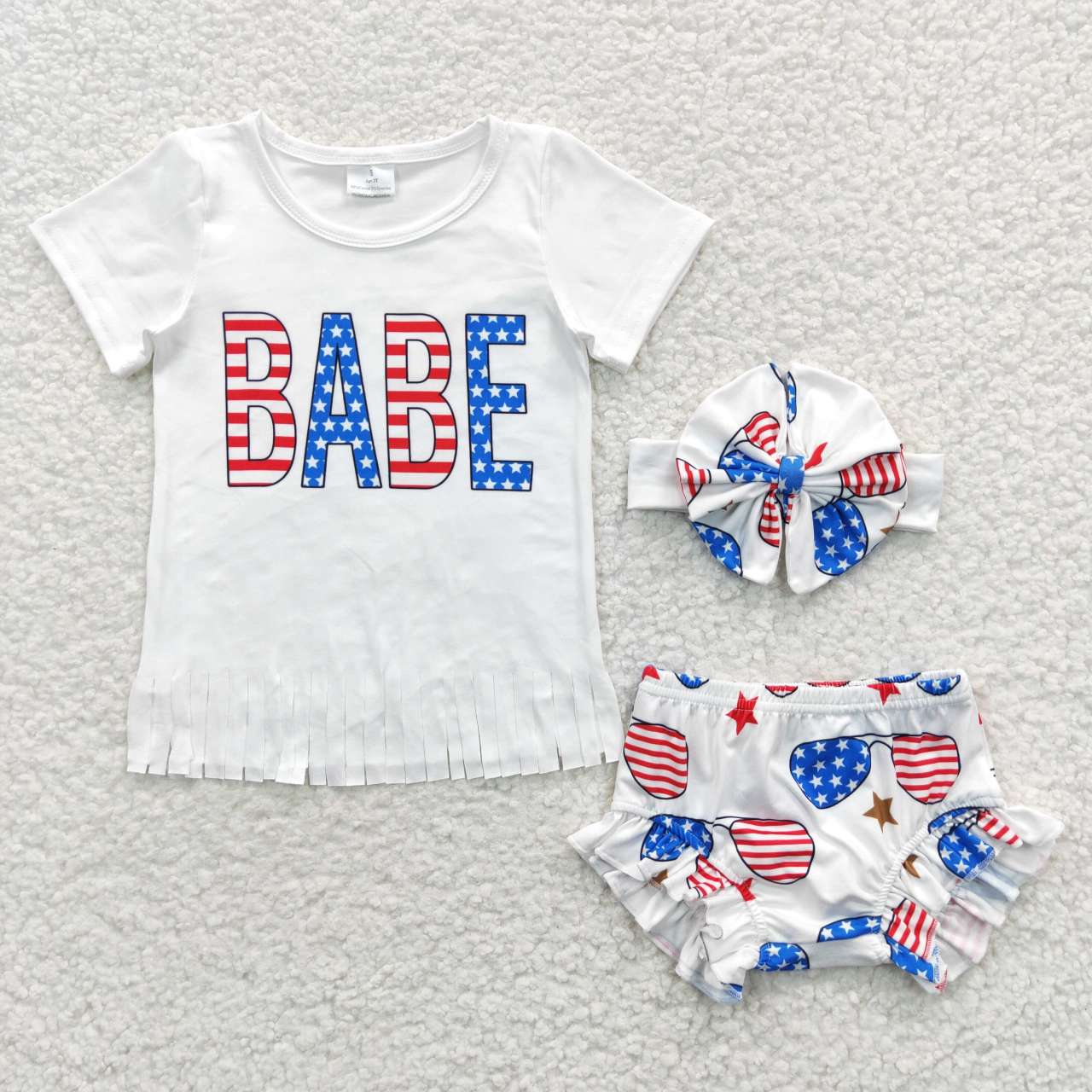 GBO0127 4th Of July Blue Red Babe 3Pcs Headband Bow With Girls Short Sleeve Bummies Outfits