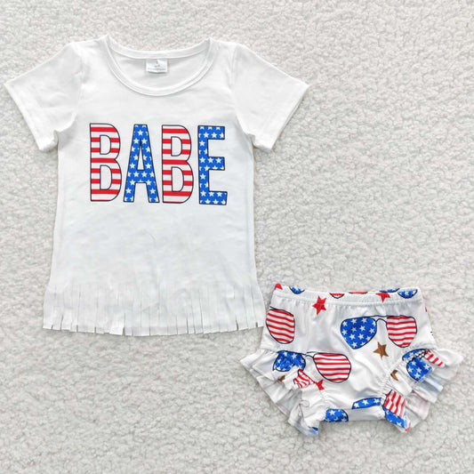 GBO0127 4th Of July Blue Red Babe 3Pcs Headband Bow With Girls Short Sleeve Bummies Outfits