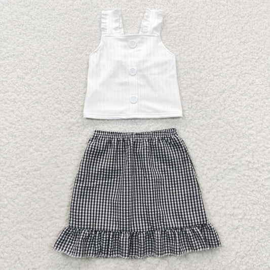 GSD0262 Black Plaid Girls Short Sleeve With Skirt Dresses Outfits