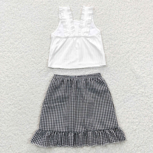 GSD0262 Black Plaid Girls Short Sleeve With Skirt Dresses Outfits