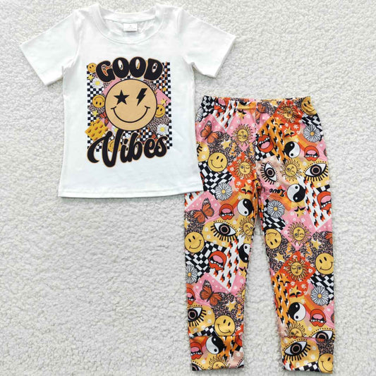 2Pcs BT0221 Good Vibes Boys Short Sleeve Top + P0130 Yellow Print Pants Girls Short Sleeve Pants Outfits