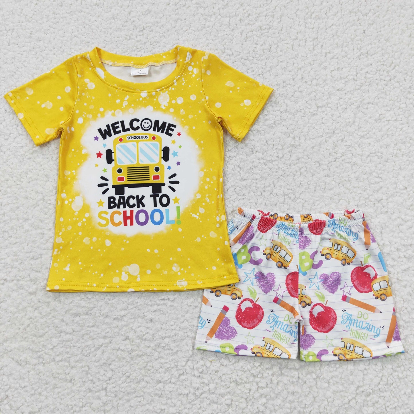 BSSO0252 Welcome Back To School Yellow Bus Boys Short Sleeve Shorts Outfits