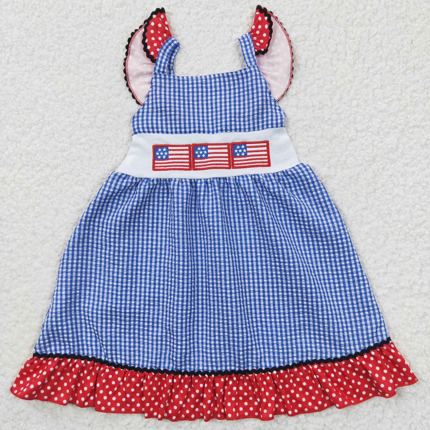 GSD0191 4th Of July Red Blue Flag Embroidery Girls Short Sleeve Dresses