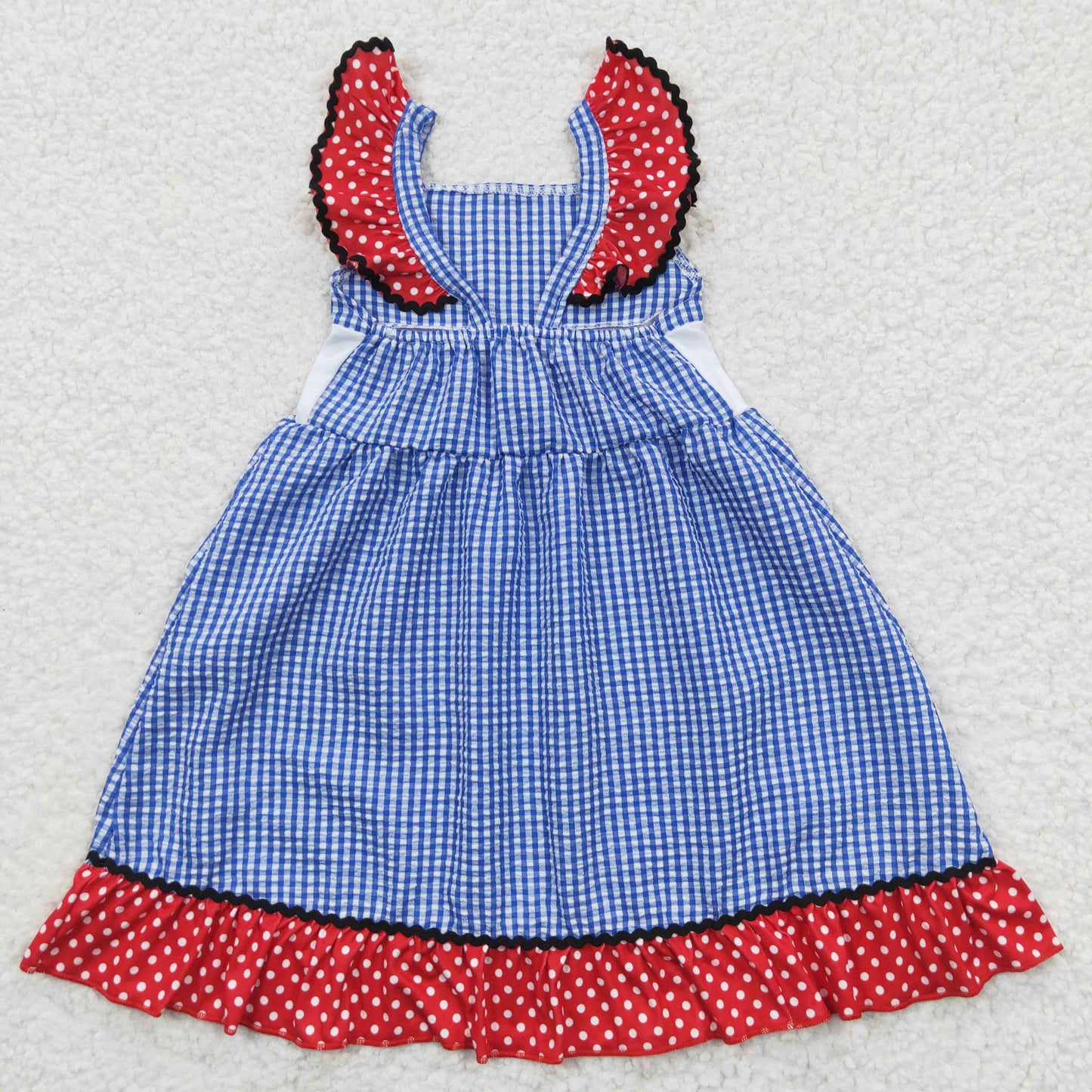 GSD0191 4th Of July Red Blue Flag Embroidery Girls Short Sleeve Dresses