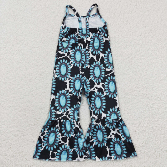 SR0369 Blue Western Print Girls Sleeveless Jumpsuit Overall Pants