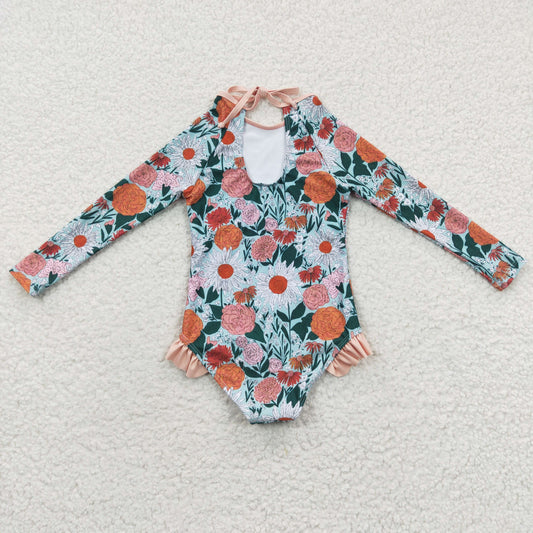 S0084 Blue Pink Floral Girls Swimming Bathing Suits Swimsuits