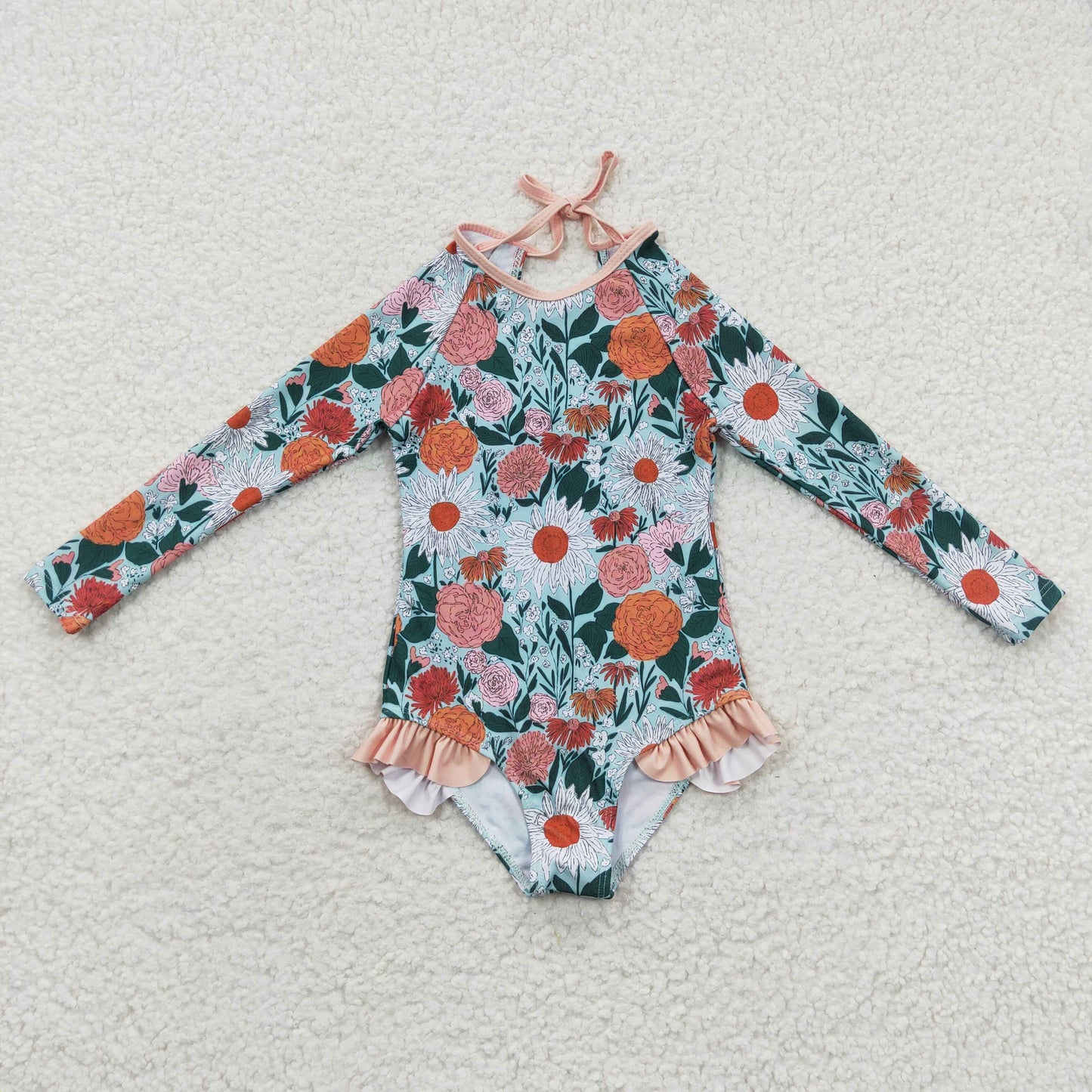 S0084 Blue Pink Floral Girls Swimming Bathing Suits Swimsuits