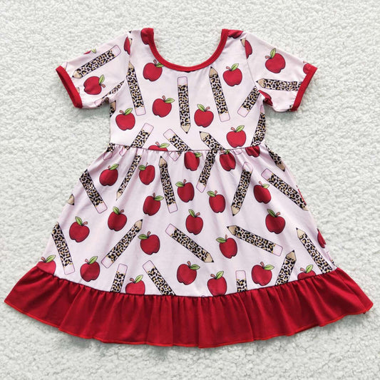 GSD0314 Back To School Red Apple Pencil Girls Short Sleeve Dresses