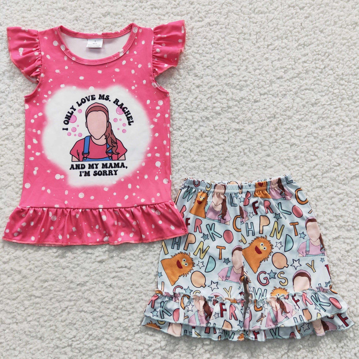 GSSO0266 Pink Cartoon English Love Ms. Girls Short Sleeve Shorts Outfits