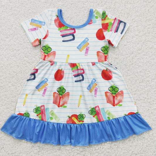 GSD0333 Back To School Blue Apple Pencil Girls Short Sleeve Dresses