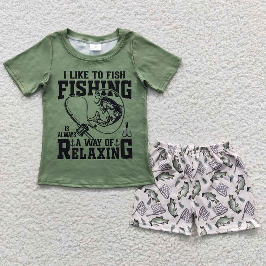 BSSO0257 Green Fishing Fish Relaxing Boys Short Sleeve Shorts Outfits