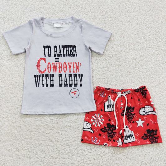 BSSO0243 Grey Red Western Cowboy Daddy Boys Short Sleeve Shorts Outfits