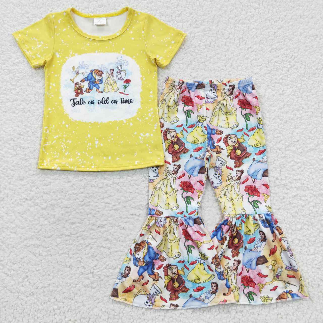 GSPO0621 Yellow Cartoon Princess Girls Short Sleeve Bell Bottom Pants Outfits