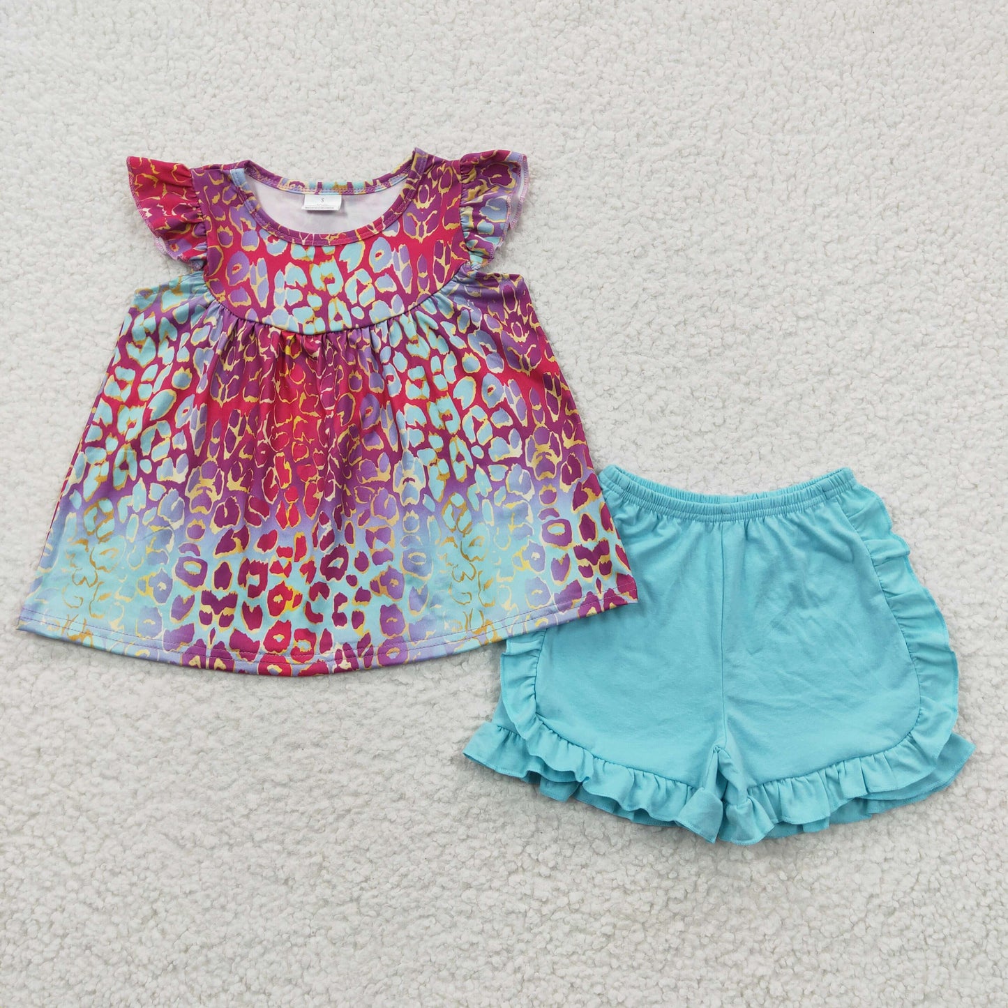 GSSO0310  Pink Blue Leopard Girls Short Sleeve Shorts Outfits