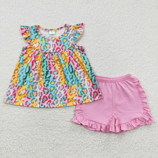 GSSO0311  Pink  Leopard Girls Short Sleeve Shorts Outfits