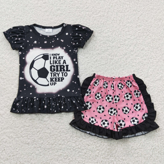 GSSO0267 Black Pink Football Soccer Girls Short Sleeve Shorts Outfits