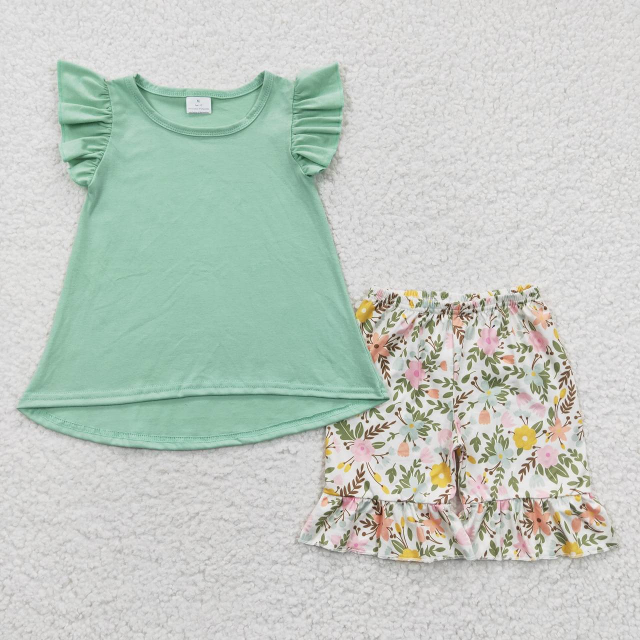 GSSO0297 Green Floral Girls Short Sleeve Shorts Outfits