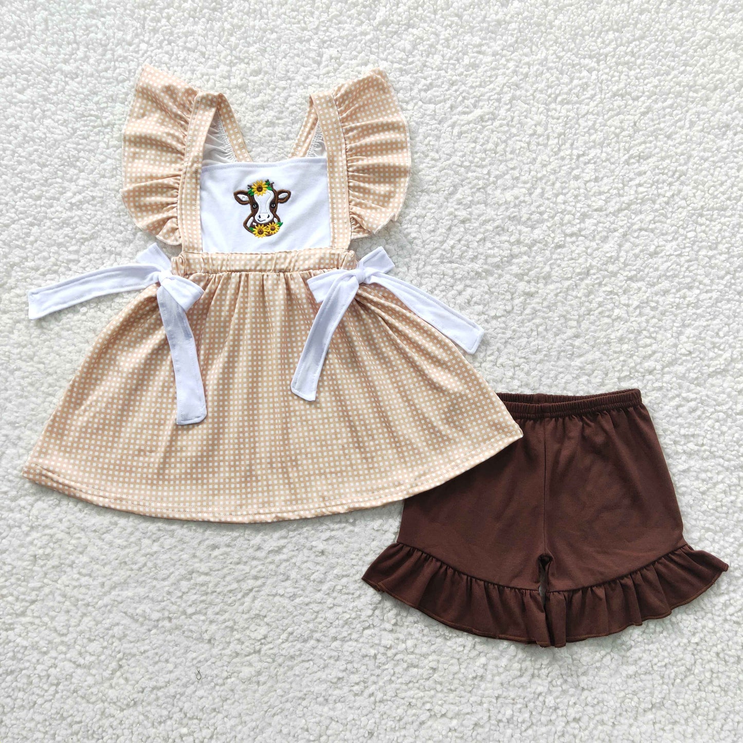 GSSO0233 Cow Brown Embroidery Girls Short Sleeve Shorts Outfits