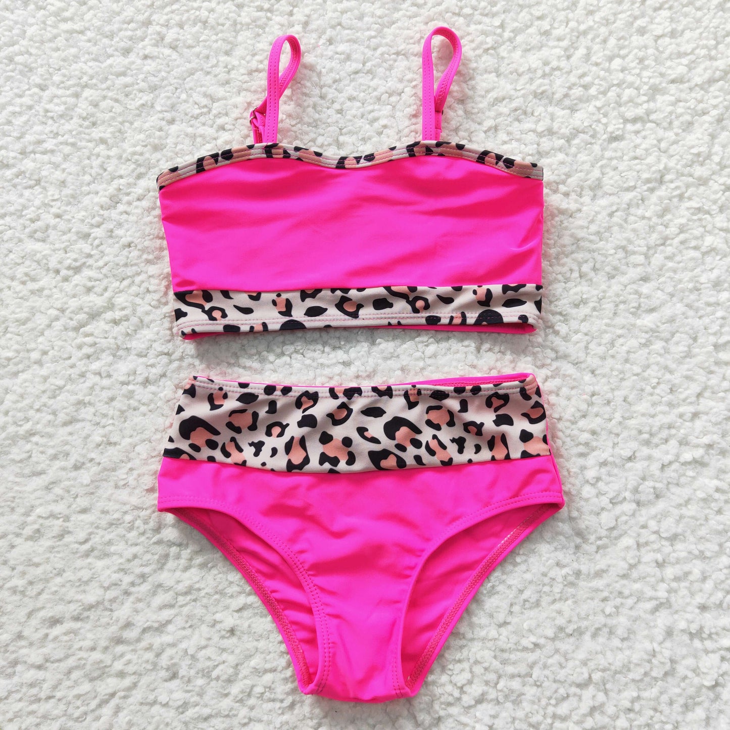 S0138 Pink Leopard  Girls Swimming Bathing Suits Swimsuits