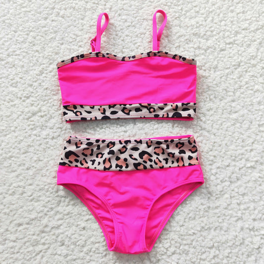 S0138 Pink Leopard  Girls Swimming Bathing Suits Swimsuits