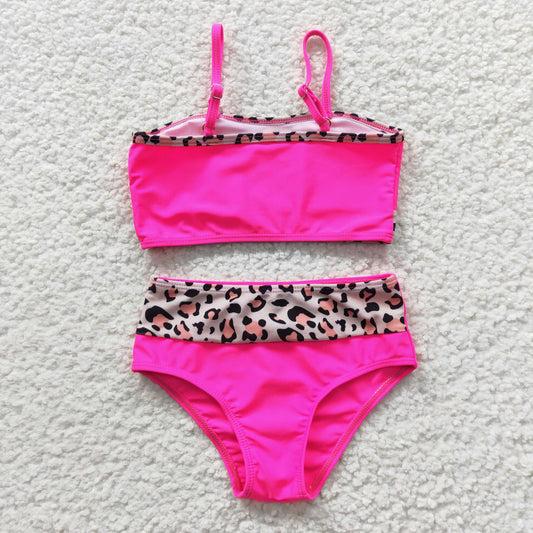 S0138 Pink Leopard  Girls Swimming Bathing Suits Swimsuits