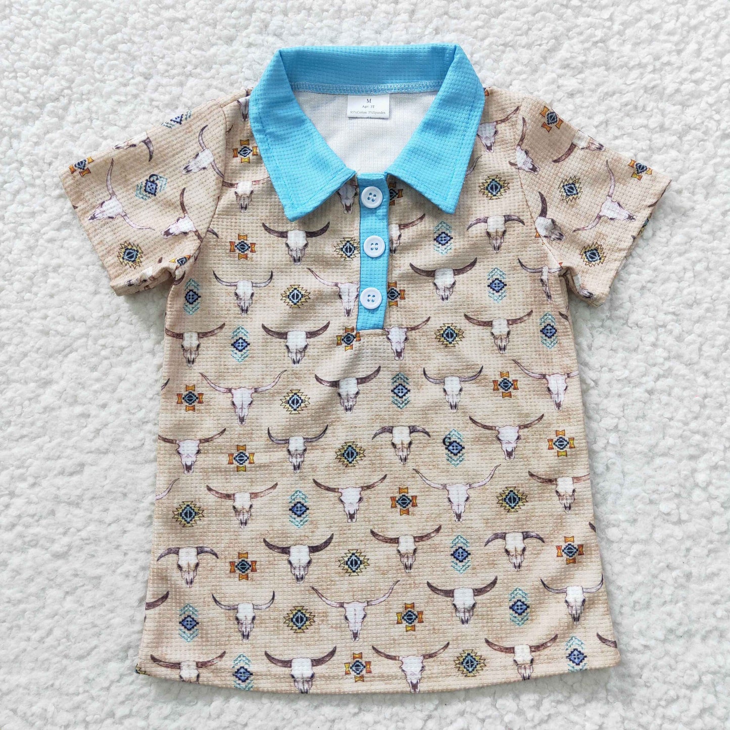 BT0210  Blue Highland Cow Cowboy Cactus Rodeo Western Boys Short Sleeve Top Collar T-Shirts