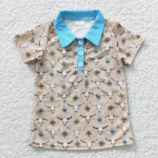 BT0210  Blue Highland Cow Cowboy Cactus Rodeo Western Boys Short Sleeve Top Collar T-Shirts