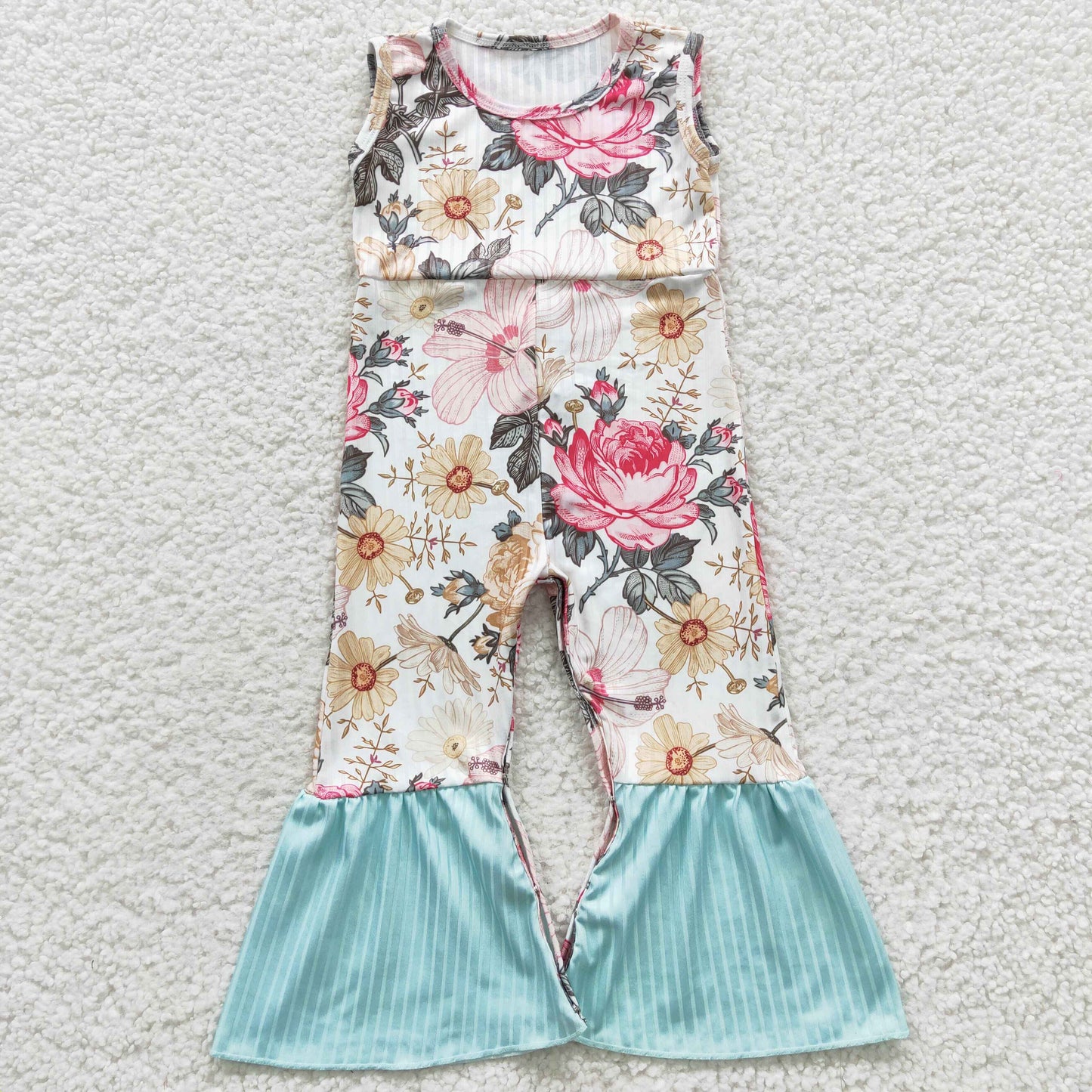 SR0368 Green Pink Floral Girls Sleeveless Jumpsuit Overall Pants