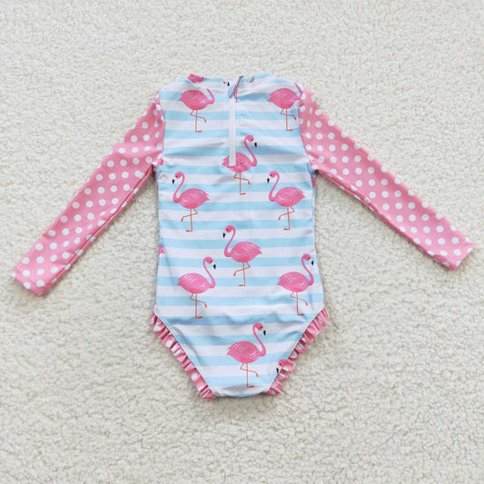 S0140 Blue Pink Flamingo Girls Swimming Bathing Suits Swimsuits