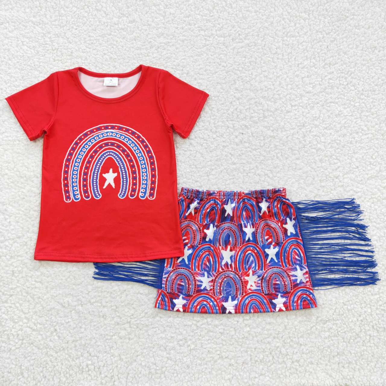 GSD0338 4th Of July Red Blue Pink Leopard Babe  Tassel Girls Short Sleeve With Skirt Dresses Outfits