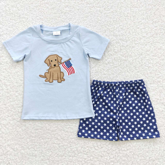 BSSO0227 4th Of July Blue Red Flag Dog Embroidery Boys Short Sleeve Shorts Outfits