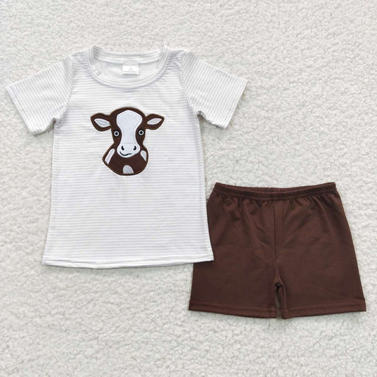 BSSO0218 Cow Brown Embroidery Boys Short Sleeve Shorts Outfits