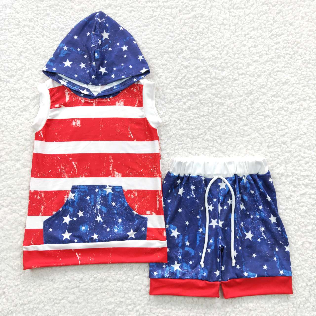 BSSO0244 4th Of July Red Blue Stars Pocket Hoodies Boys Short Sleeve Shorts Outfits