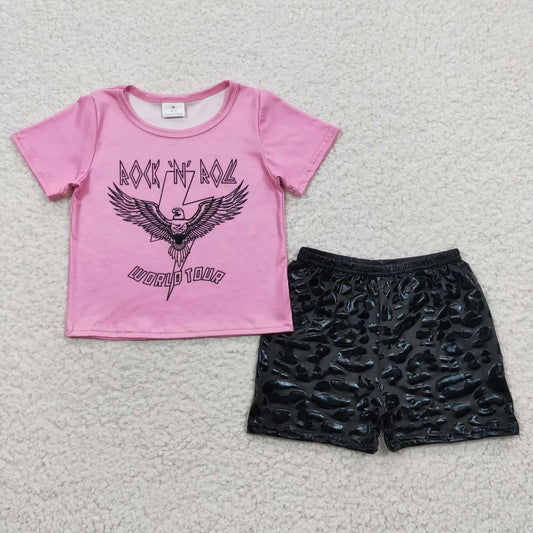 GSSO0316 Pink World Tour Bird Black Girls Short Sleeve Shorts Outfits