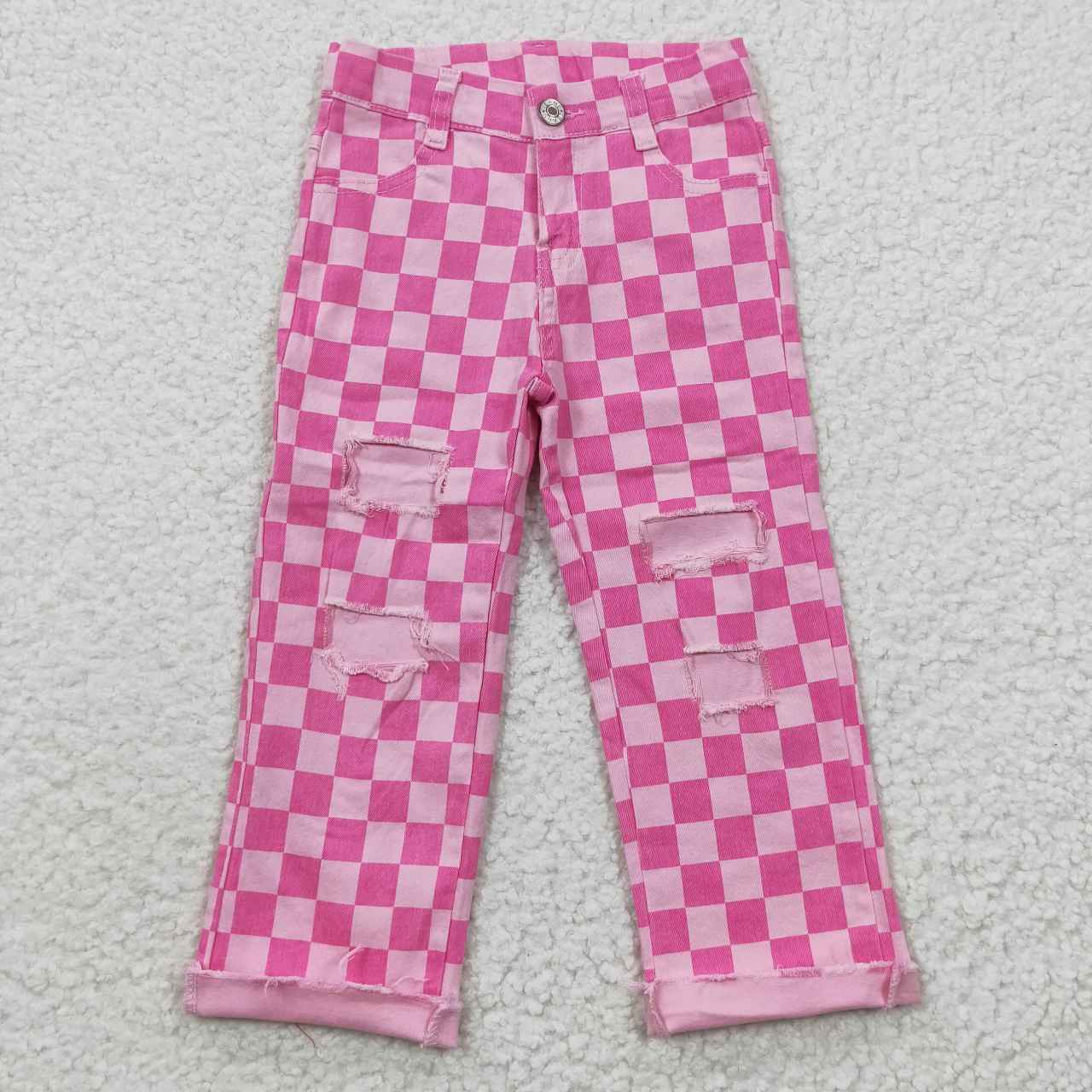 P0096  Pink Plaid Distress Girls Denim Jeans