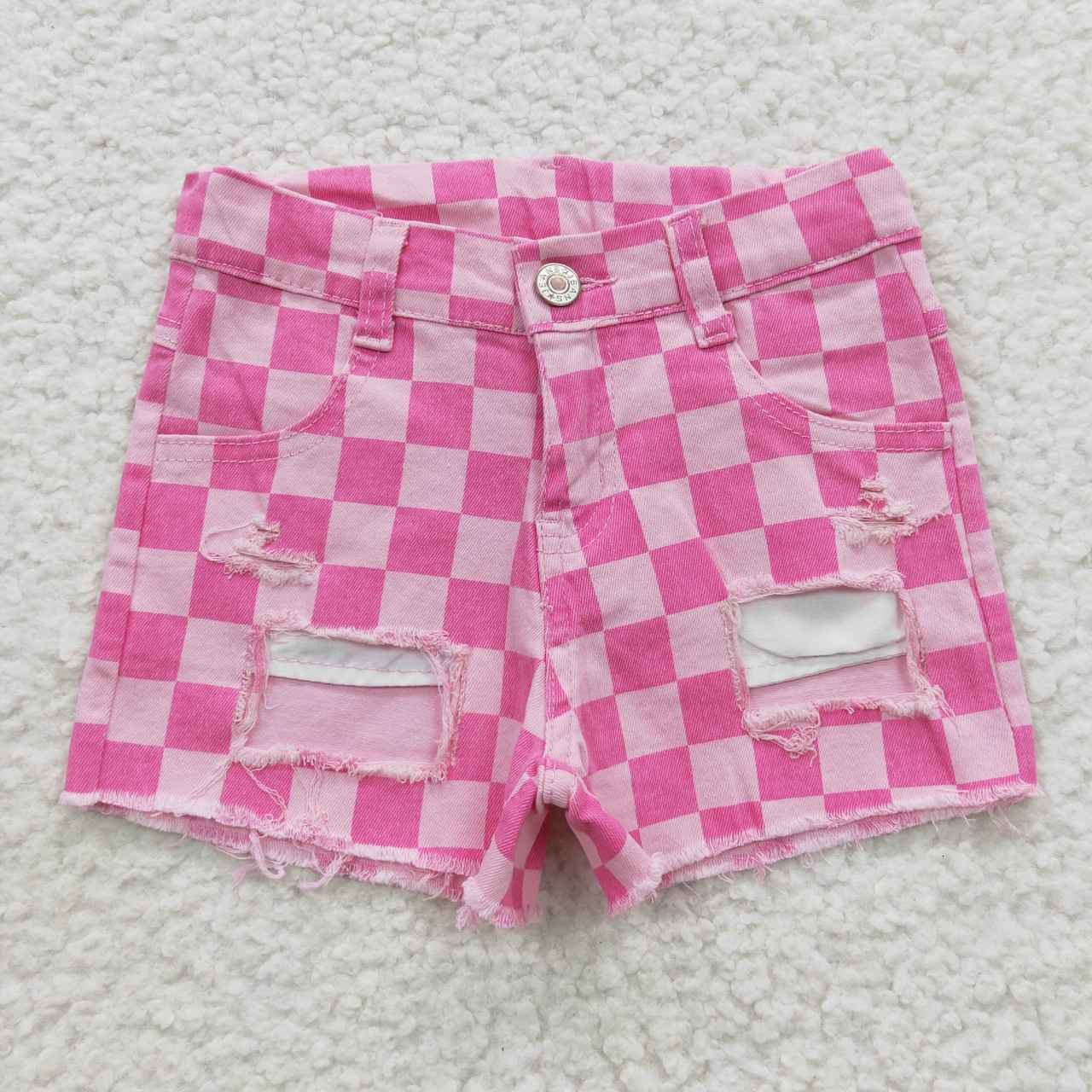 SS0092 Pink Plaid Distress Girls Shorts Denim Jeans