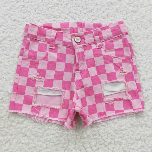 SS0092 Pink Plaid Distress Girls Shorts Denim Jeans