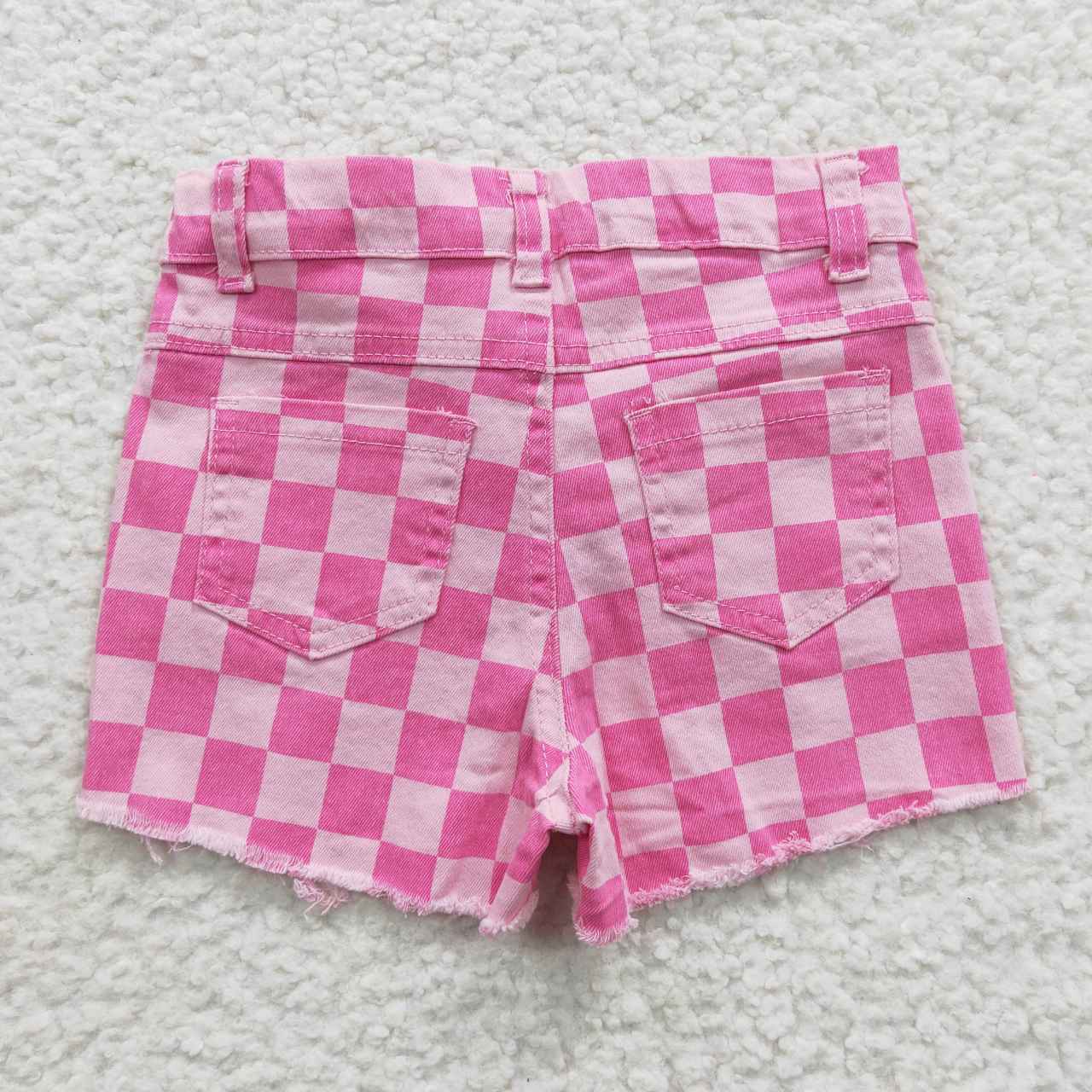 SS0092 Pink Plaid Distress Girls Shorts Denim Jeans