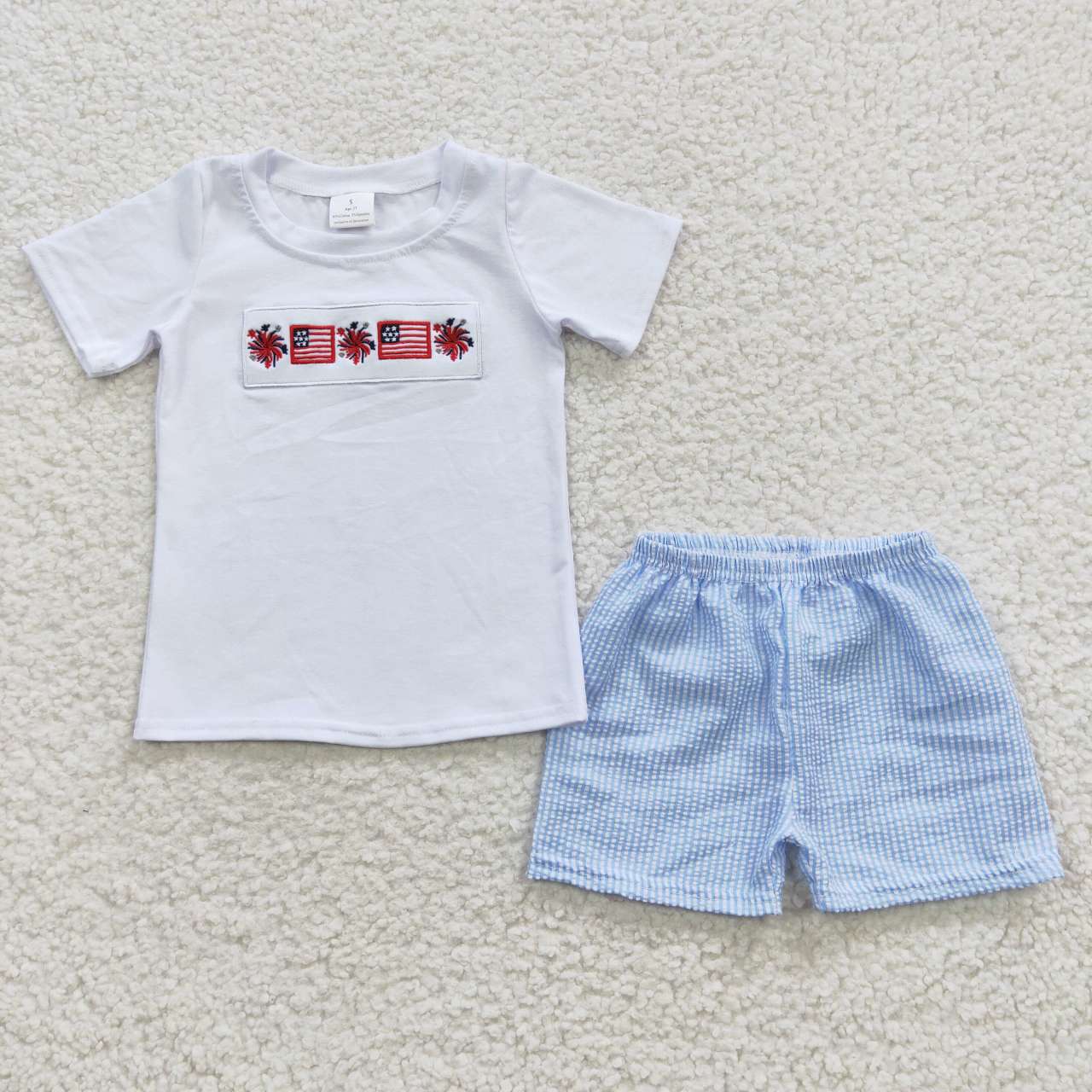 BSSO0253 4th Of July Blue Red Flag Firework Embroidery Boys Short Sleeve Shorts Outfits