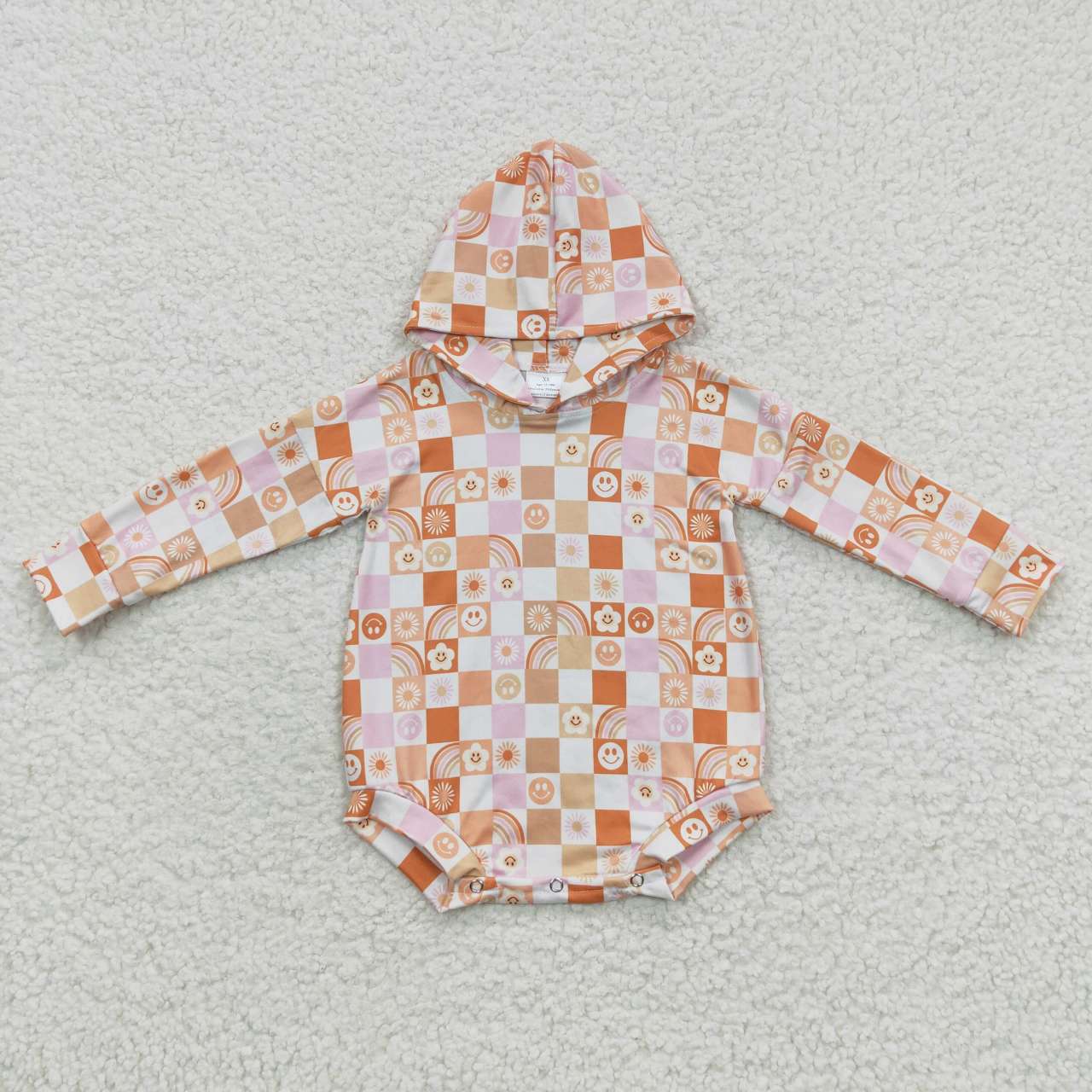 LR0271 Halloween Pink Orange Smile Plaid Hoodies Girls Long Sleeve Romper