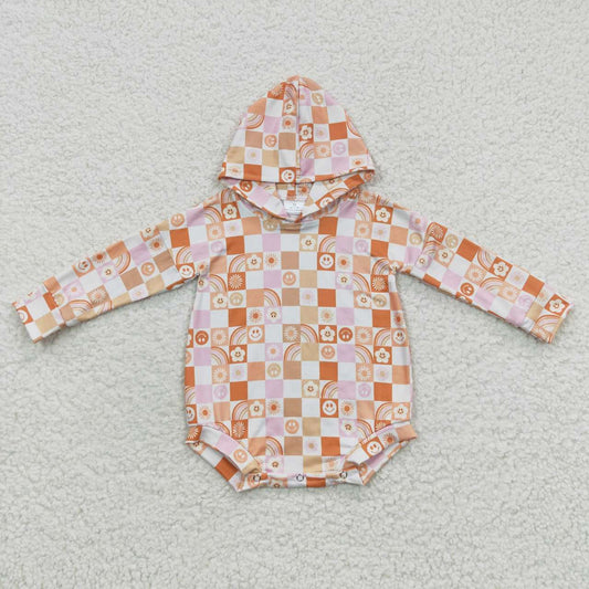 LR0271 Halloween Pink Orange Smile Plaid Hoodies Girls Long Sleeve Romper