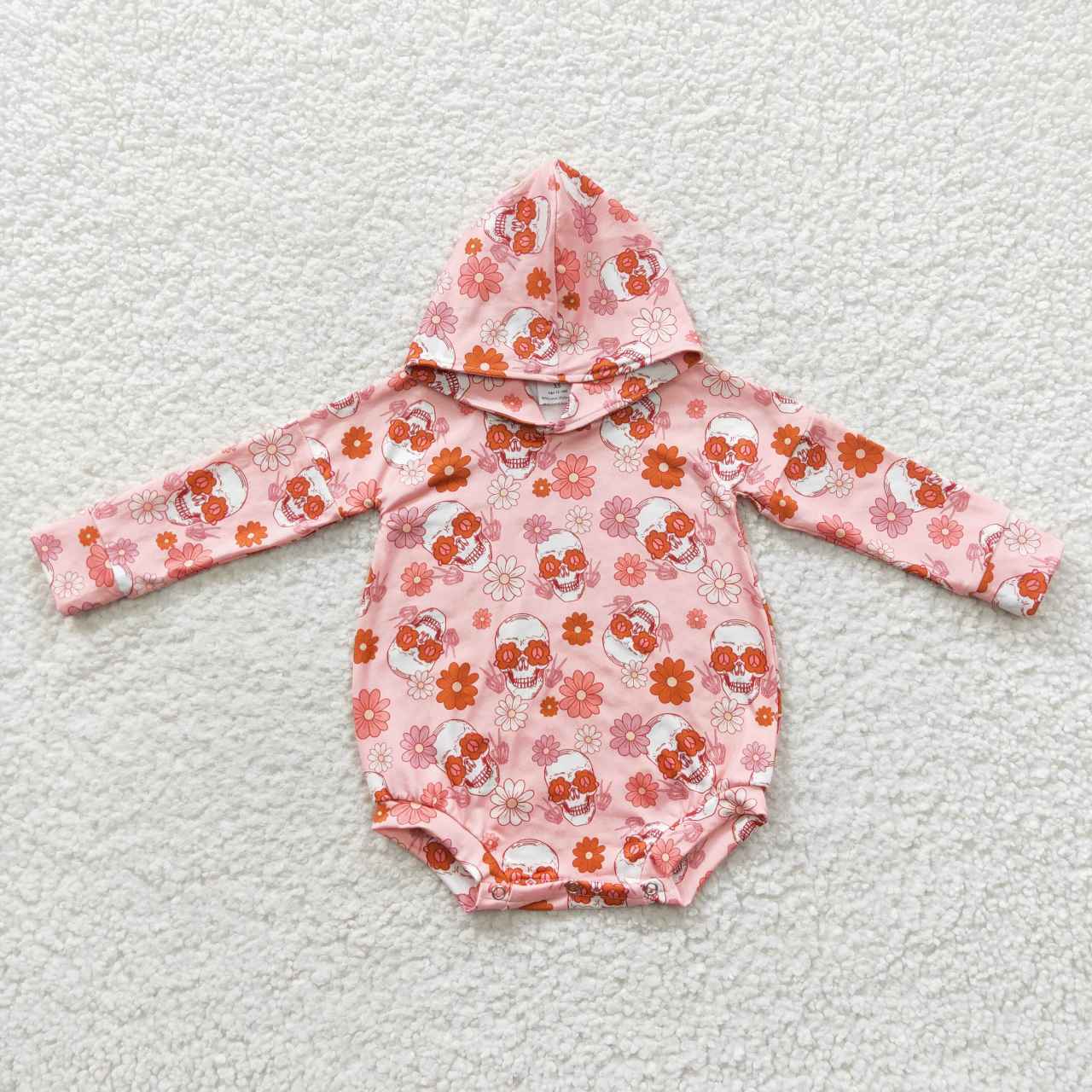 LR0269 Halloween Pink Orange Floral Ghost Hoodies Girls Long Sleeve Romper