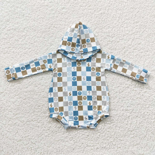 LR0268 Blue Brown Plaid Smile Hoodies Girls Long Sleeve Romper