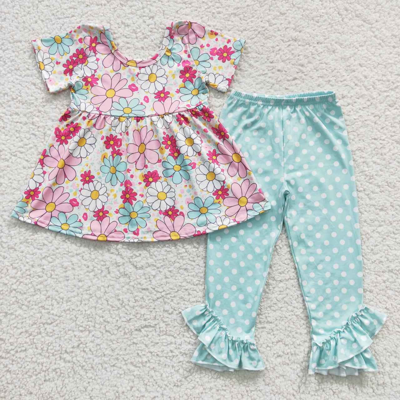 GSPO0618 Pink Blue Floral Tunic Girls Short Sleeve Bell Bottom Pants Outfits