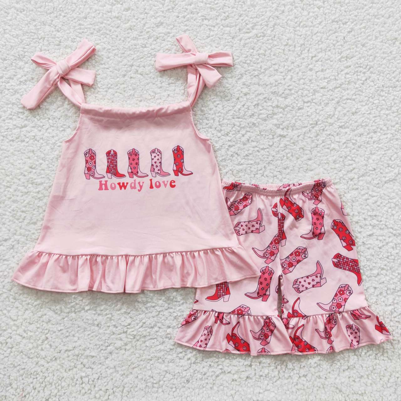 GSSO0270 Pink Howdy Love Boots Girls Short Sleeve Shorts Outfits