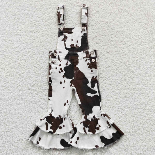 P0084  Brown Cow Print Distress Overalls Double Ruffles Denim Jeans