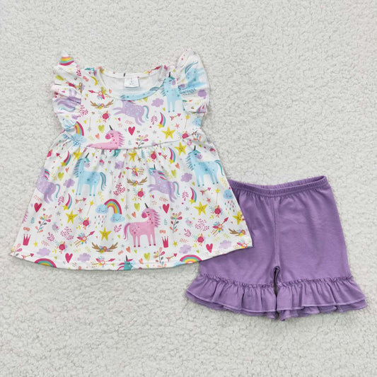 C10-3 Unicorn Purple Cartoon Girls Short Sleeve Shorts Outfits